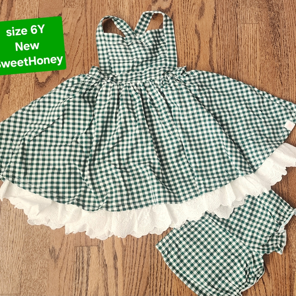 SweetHoney Green Checkered Dress with Bloomers
